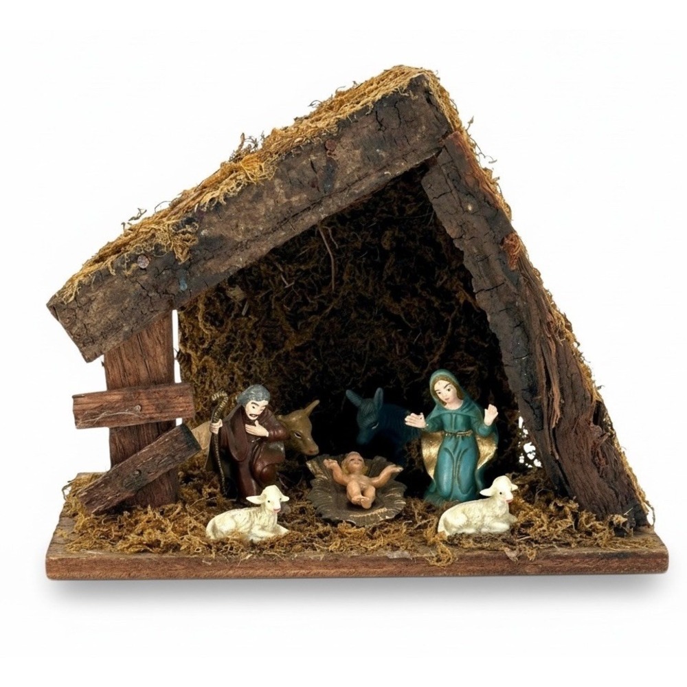 Vintage Wood Nativity Creche Scene Manger Baby Jesus Christmas 7"